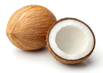 Whole and broken coconuts isolated on white background