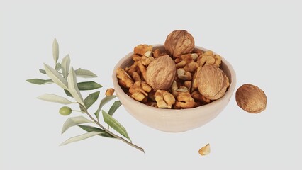 Natural walnuts in wooden bowl with olive branch on white background