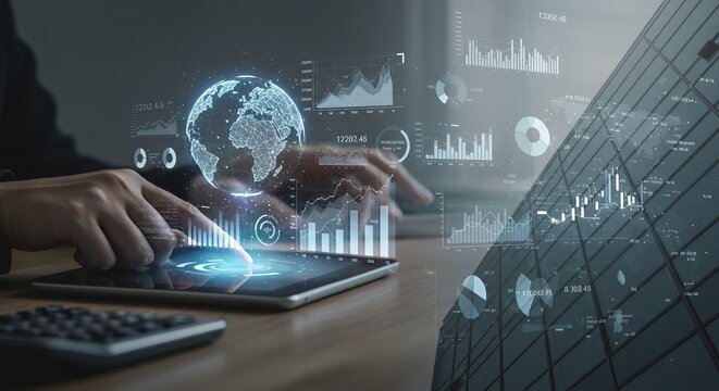 Global finance analyst uses tablet to track stock market data and economic growth with futuristic interface.