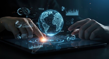Global digital data analysis with futuristic interface, person interacting with glowing world map and charts