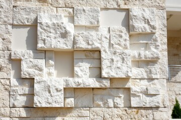 Exterior wall of light beige stone blocks, geometric design