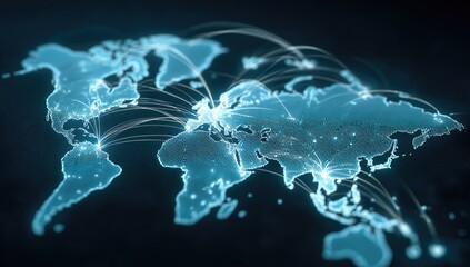 Global network map, glowing world map with connections