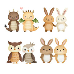 Naklejka premium Cute cartoon animals including dragons, bunnies, and owls in lovely pairs. Animals isolated on white background, Transparent Background
