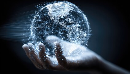 A hand holds a glowing, digital representation of Earth