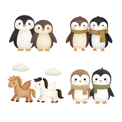Fototapeta premium Cute cartoon penguins and ponies in various poses with playful expressions. Animals isolated on white background, Transparent Background