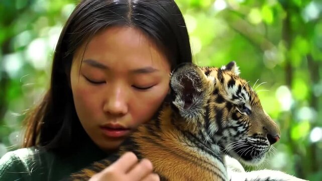 Tender Close-Up of Woman Hugging Tiger Cub in Jungle - AI Generated