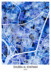 Shubra Al Khaymah Egypt City Map. Watercolor art downtown tourism, house art travel, scenic metropolis concept, travel art city, patriotic abstract banner, view office street