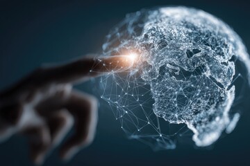 A hand touches a digital globe