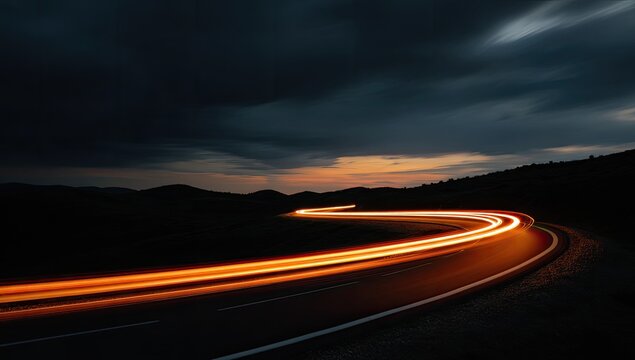 Winding road at night with light trails - Powered by Adobe