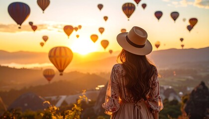 Woman watches sunrise hot air balloons