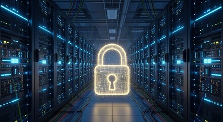 Secure digital data protection with a glowing padlock symbol in a futuristic server room environment