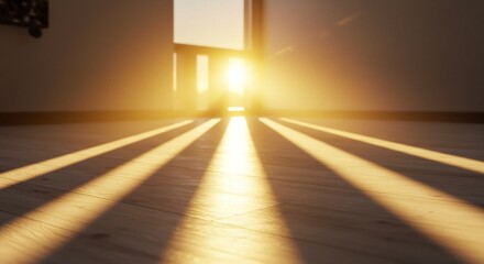 夕焼け光線 室内木質床に伸びる 暖色系の美しい光線. AI Generated