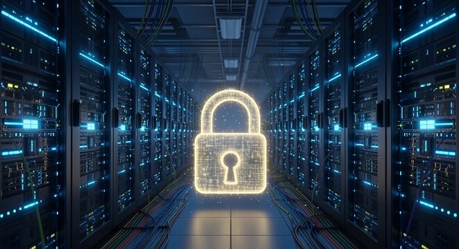 Secure digital data protection with a glowing padlock symbol in a futuristic server room environment