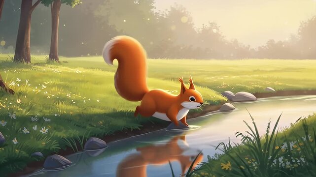 Cartoon squirrel drinks from a creek within a grassy meadow beneath some trees