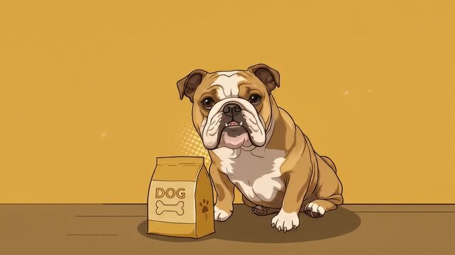 Bulldog illustration sitting beside a bag of dog food on a yellow halftone background