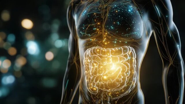 A man's body with a glowing stomach. The stomach is surrounded by a glowing blue. Conceptual symbolic human digestive system glowing with microbiome bacteria, gut microbiome test, futuristic sci-tech 