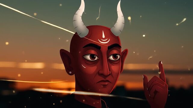 Illustration of a red-skinned devil with white horns against a sunset backdrop