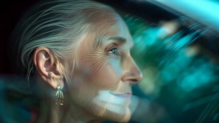 Hyper realistic photo of old lady driving a luxury car alone