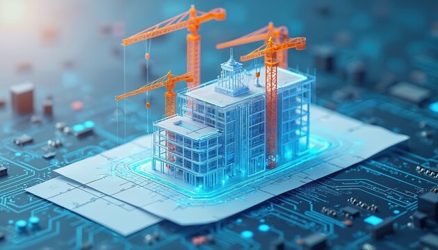 Building Information Modeling process with cranes constructing a futuristic blueprint. Digital representation of architectural design, construction planning, and engineering workflow.