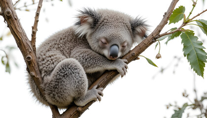Obraz premium Adorable koala peacefully sleeping on a tree branch, perfect for nature themed design, print, and web