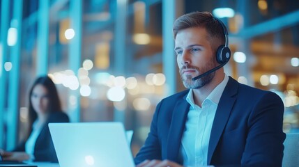 Focused businessman with a headset working at a laptop in a modern office setting at night.