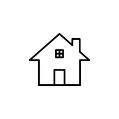 A simple line drawing of a house with a peaked roof door one window and a chimney