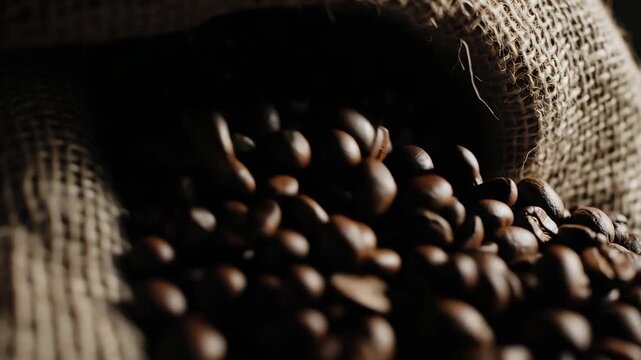 Rich dark roasted coffee beans cascade from a burlap sack, highlighting their glossy texture and deep color in a captivating close-up. The serene ambiance creates an inviting coffee experience