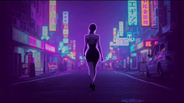 Neon outline of a beautiful female walking away from the camera 52_29 --bs 2 1_4K_10s