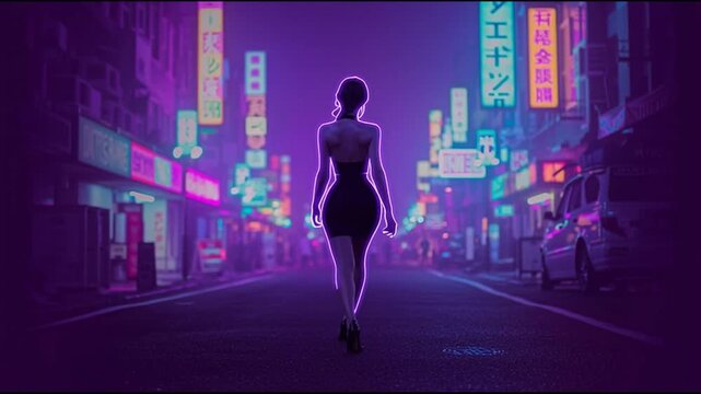 Neon outline of a beautiful female walking away from the camera 91_51 --bs 2 1_4K_10s