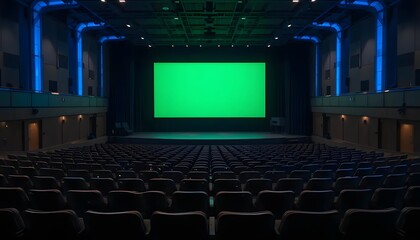 View of an empty theater with a green screen stage and rows of seating in the auditorium area