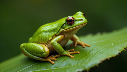 Fototapeta premium Vibrant green tree frog posing on a leaf, captivating wildlife close-up, nature's beauty, exotic amphibian