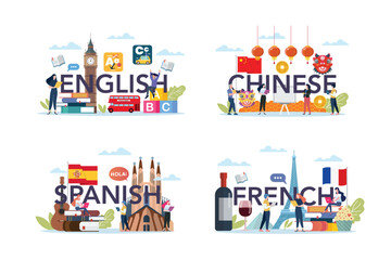 Set of people studying foreign language class