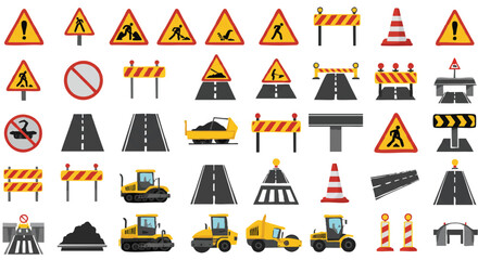 A collection of construction signs and road elements, including warnings, barriers, cones, and road symbols, are displayed in a flat design style, ideal for illustrating roadwork.
