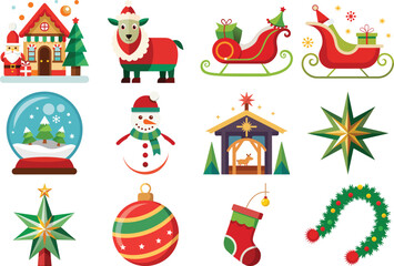 Naklejka premium Collection of Christmas themed vector illustrations featuring holiday icons and decorations on white background 