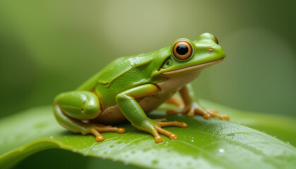 Cute green tree frog sitting alert on a bright green leaf, nature's vibrant amphibian portrait