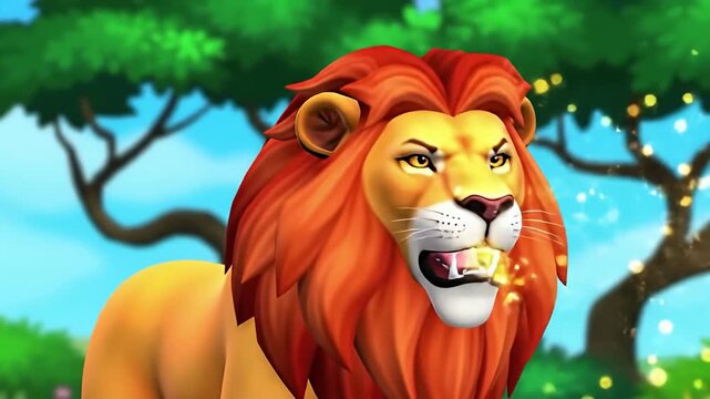 Cartoon lion roars with firey breath in a blurred colorful jungle backdrop illustration