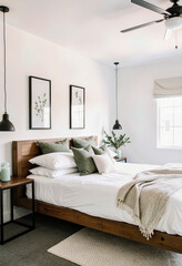A close-up of a chic and modern bedroom with a comfortable bed, stylish olive green pillows, and minimalist decor, creating a cozy and inviting atmosphere for rest.
