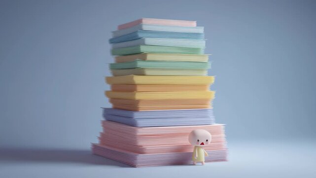 Debt and financial crisis concept, A small figure stands beside a large stack of colorful papers.