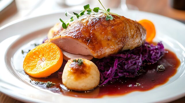 Duck with orange slices red cabbage and germane bread dumpling