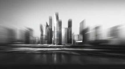 Urban architectural silhouette featuring blurred radial lines, depicting metropolitan dynamism through monochromatic geometric composition