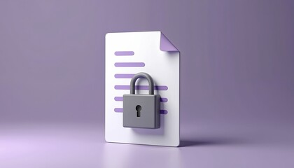 Minimalist 3D render of document secured with grey padlock on calming purple backdrop. Represents digital security, data protection, privacy, confidentiality. Clean, simple design technology,