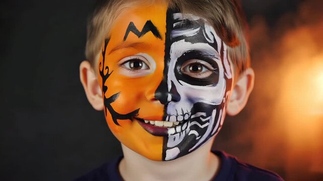 Child with half pumpkin and half skull face paint smiling and blinking, close-up portrait with glowing background, festive Halloween makeup design captured in dynamic cinematic motion