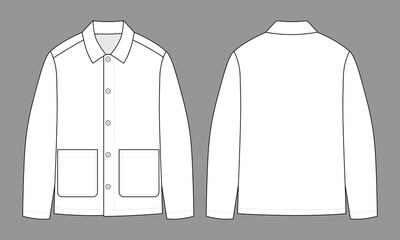 Blank White Jacket with Two Pockets, Buttons Down Template on Gray Background. Front and Back Views, Vector File