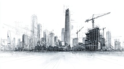Obraz premium Urban skyline architectural drawing depicting construction progress, towering cranes framing partially built structures representing city growth and design evolution