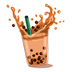 Refreshing iced bubble milk tea with tapioca pearls and splash effect in clear cup illustration