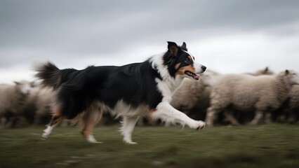 A Border Collie herding sheep in a grassy field under an overcast sky.