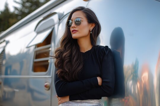 Young hispanic female with sunglasses standing by metallic trailer in stylish attire