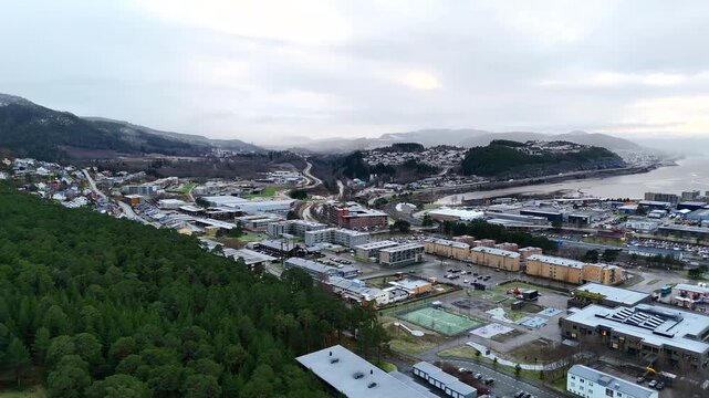 Drone view of residential and industrial areas in Steinkjer Norway