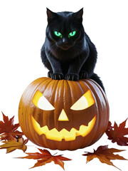 Black Cat with Glowing Green Eyes on Halloween Pumpkin Jack-O&rsquo;-Lantern with Autumn Leaves isolated on white transparent background clipart PNG