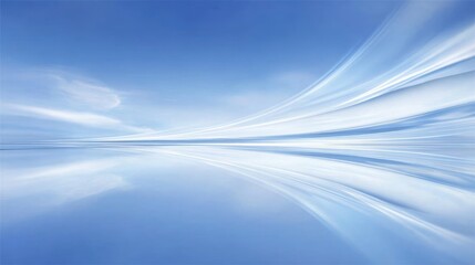 Blue horizon illuminated by converging light trails, reflecting dynamic motion through misty clouds and luminous skyscape, suggesting rapid movement and depth